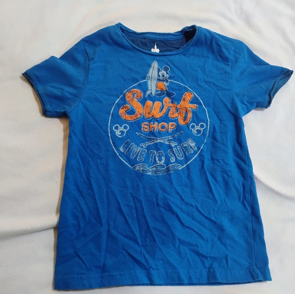 Disney Blue Tee with Orange Surf Shop Graphic